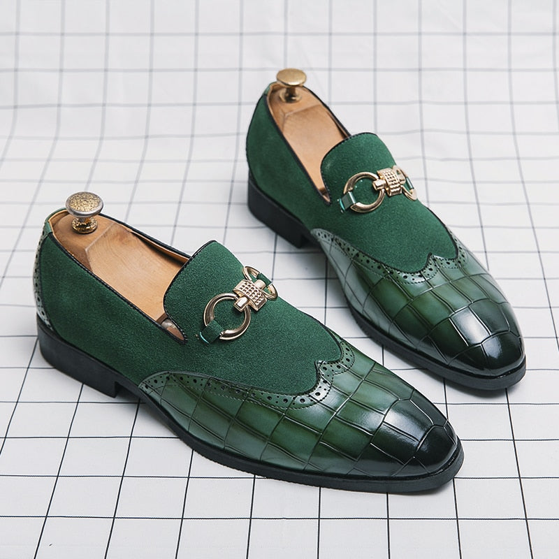 Stylish Men's Stone Green Suede Stitched Loafers with Decor