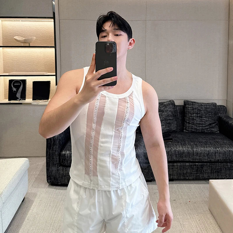 Stylish See-Through Spliced Polyester Women's Casual Tank Top for All Occasions