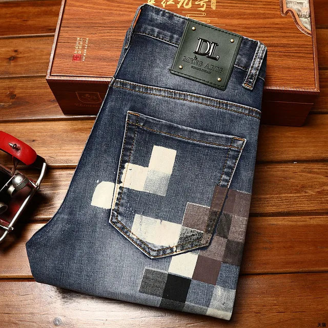 Stylish Contrast Mosaic-Printed Full-Length Slim Jeans