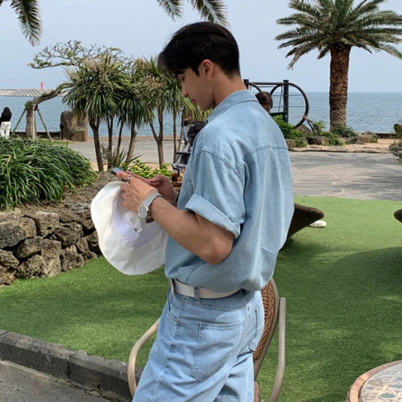 Comfortable Soft Cotton Short Sleeve Casual Denim Style Shirt