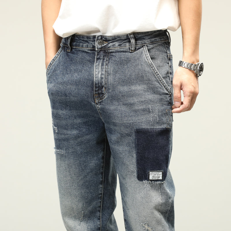 Fashionable Contrast Patchwork Distressed Loose-Fit Denim Jeans for Trendy Comfort