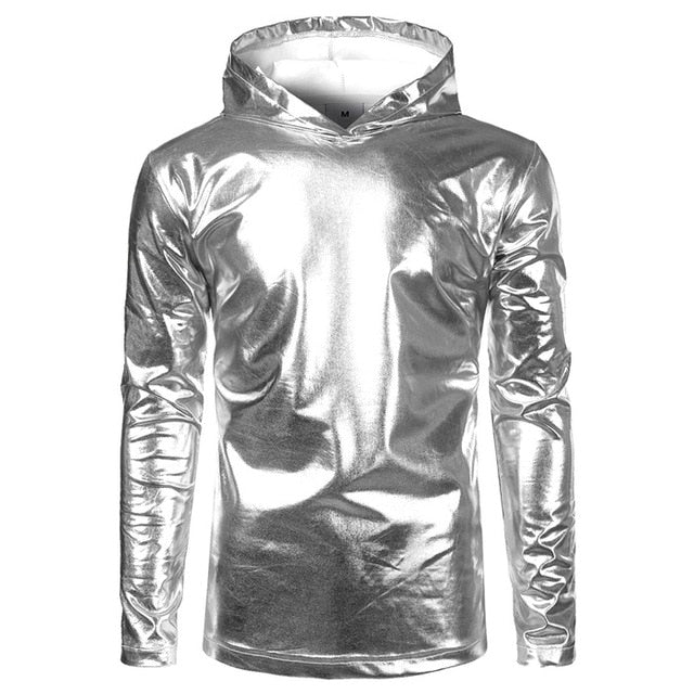 Men's Casual Shiny Metallic Coated Thin Hoodie Sweatshirt