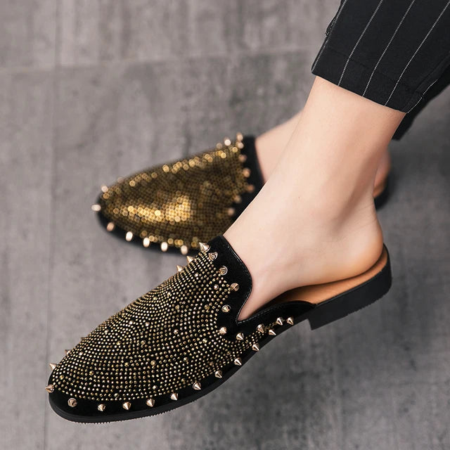 Stylish Black Mules Shoes with Rivet Rhinestone Decorations