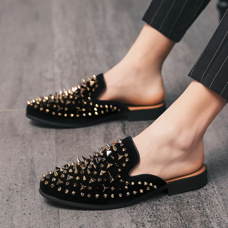 Stylish Black Mules Shoes with Rivet Rhinestone Decorations