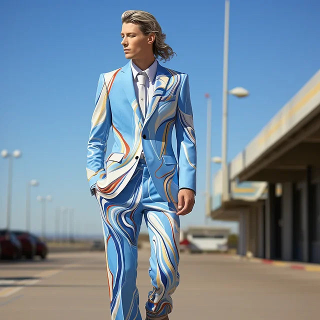 Stylish Polyester Color Block Lapel Digital Printed Men's Suit for Various Occasions