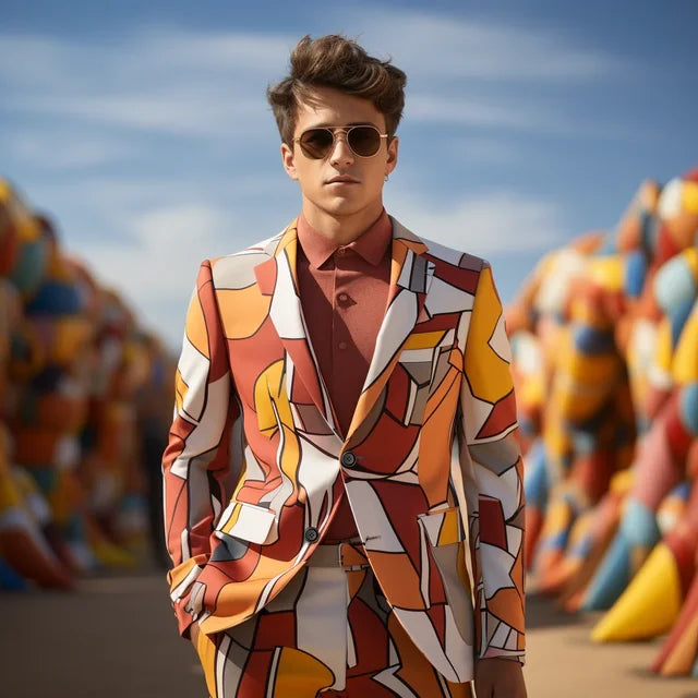 Stylish Polyester Color Block Lapel Digital Printed Men's Suit for Various Occasions