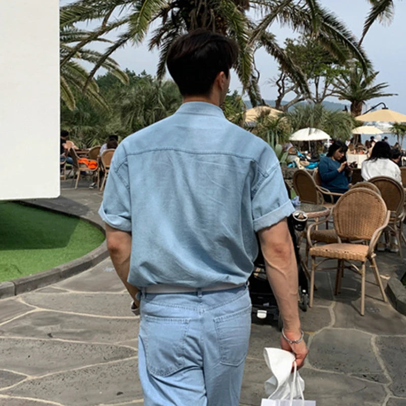 Comfortable Soft Cotton Short Sleeve Casual Denim Style Shirt