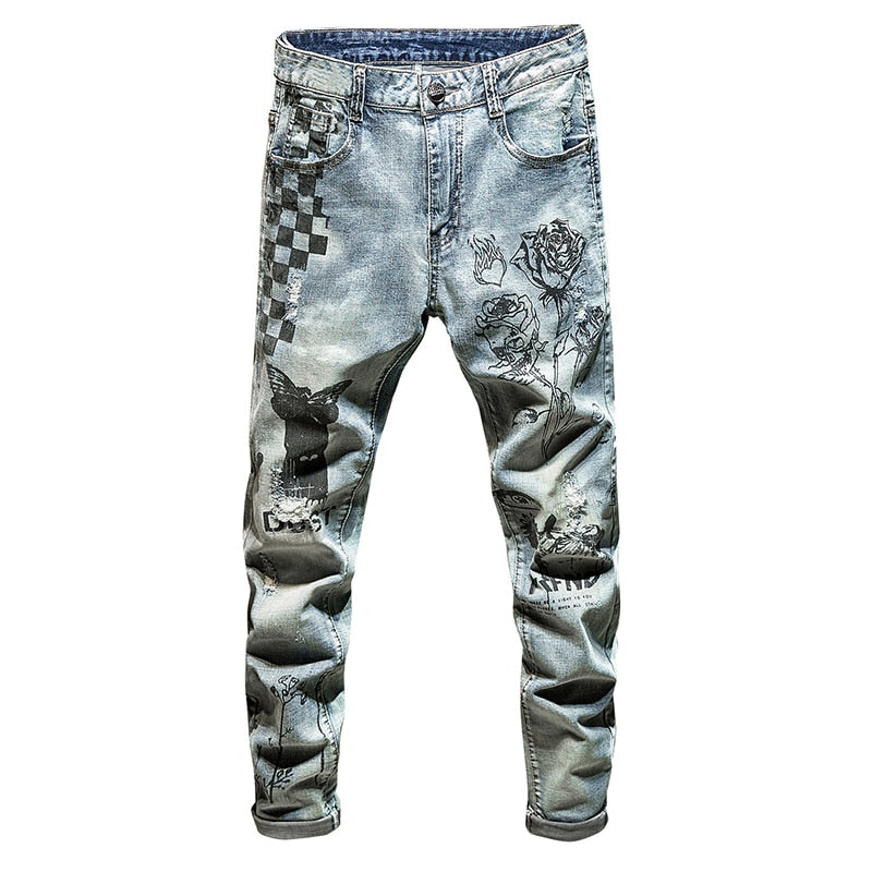 Men's Slim Fit Checkerboard Rose Printed Washed Full-Length Jeans