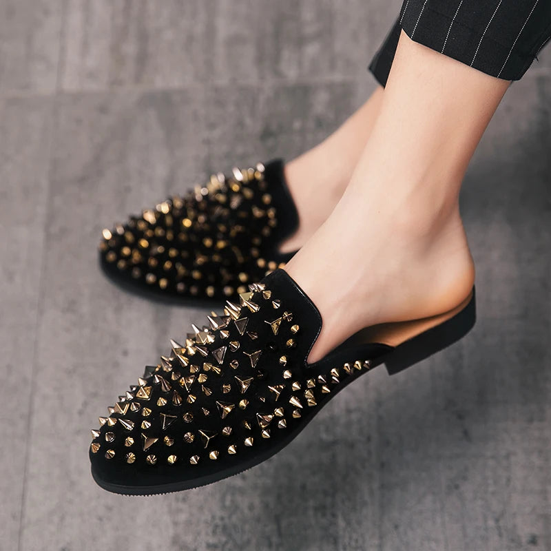 Stylish Black Mules Shoes with Rivet Rhinestone Decorations