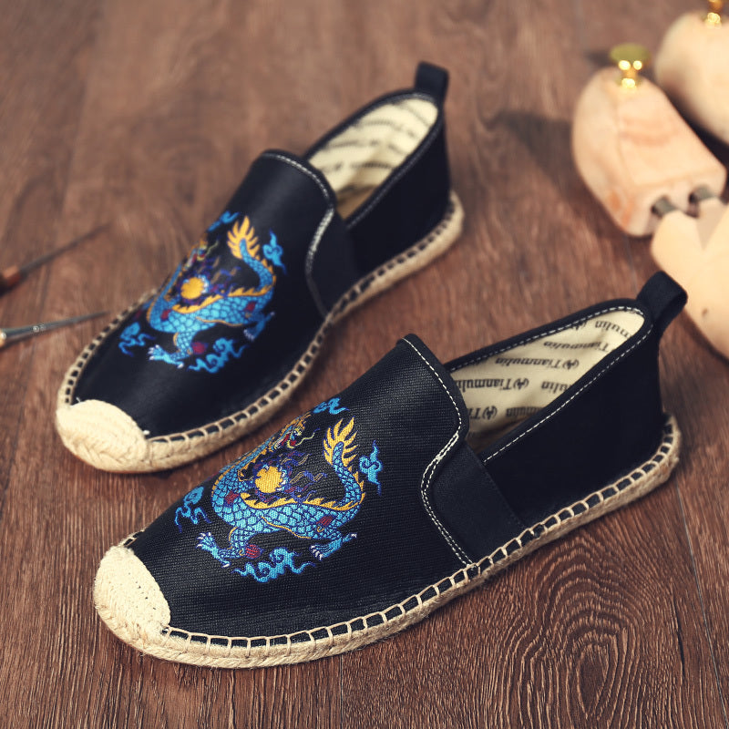 Men's Breathable Canvas Flats with Chinese Dragon Totem Elements