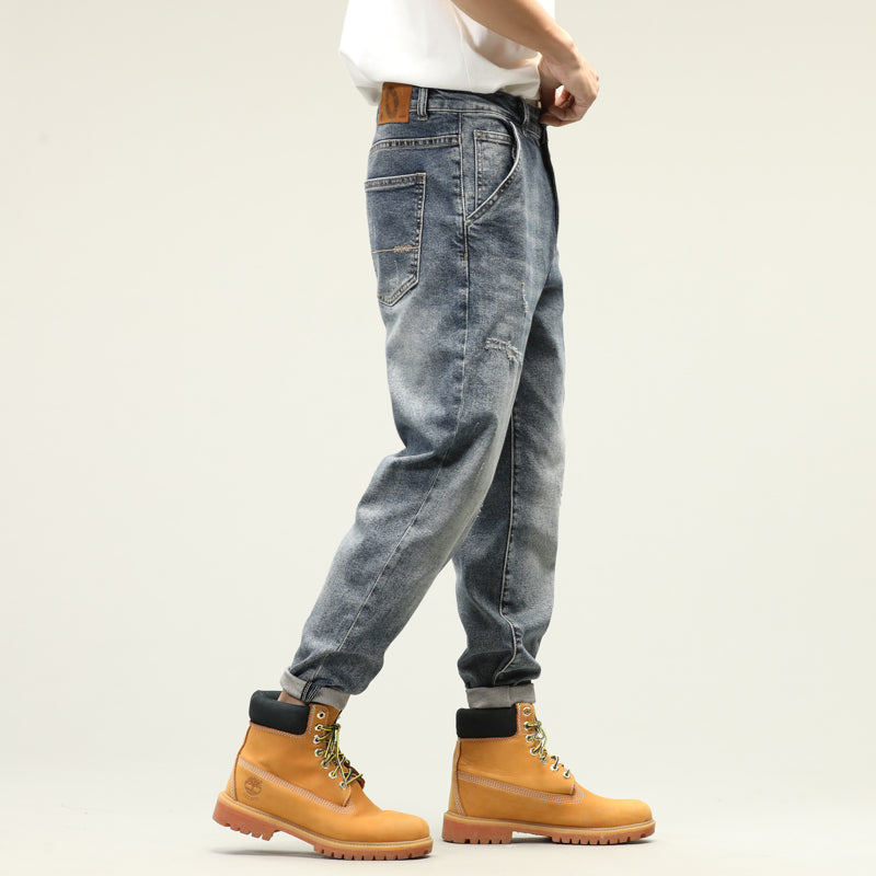 Fashionable Contrast Patchwork Distressed Loose-Fit Denim Jeans for Trendy Comfort