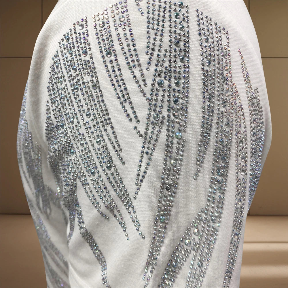Stylish Polyester T-Shirt with Rhinestone Decoration around the Neck