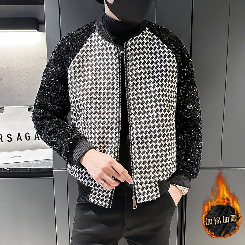 Stylish Contrast Sequin Patchwork Polyester Bomber Jacket