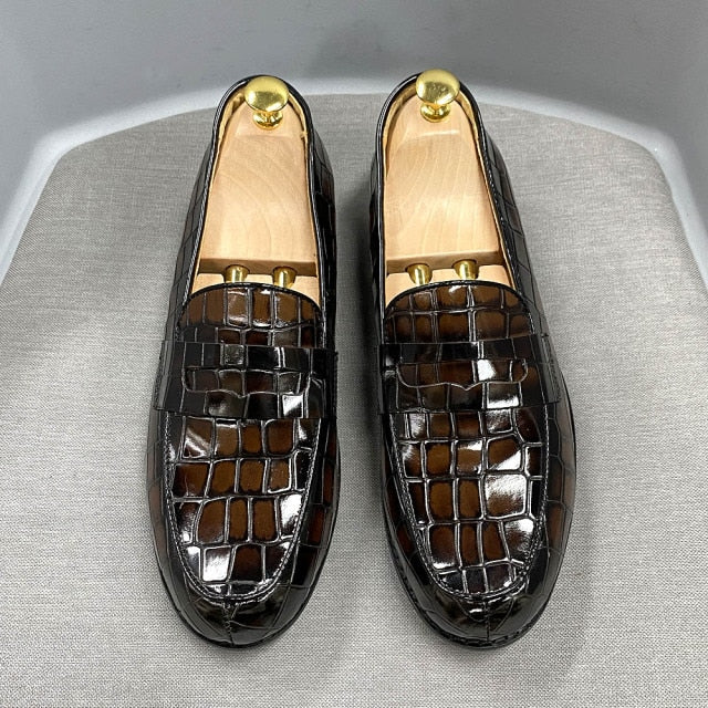 Men's Classic Slip-On Genuine Cow Leather Loafers with Alligator Print