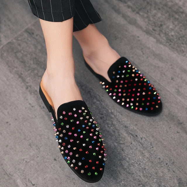 Stylish Black Mules Shoes with Rivet Rhinestone Decorations
