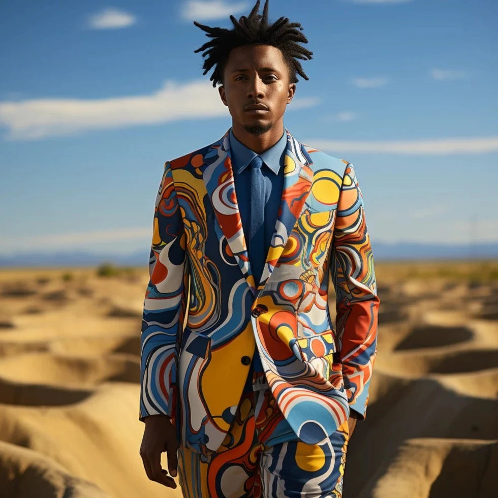 Stylish Polyester Color Block Lapel Digital Printed Men's Suit for Various Occasions
