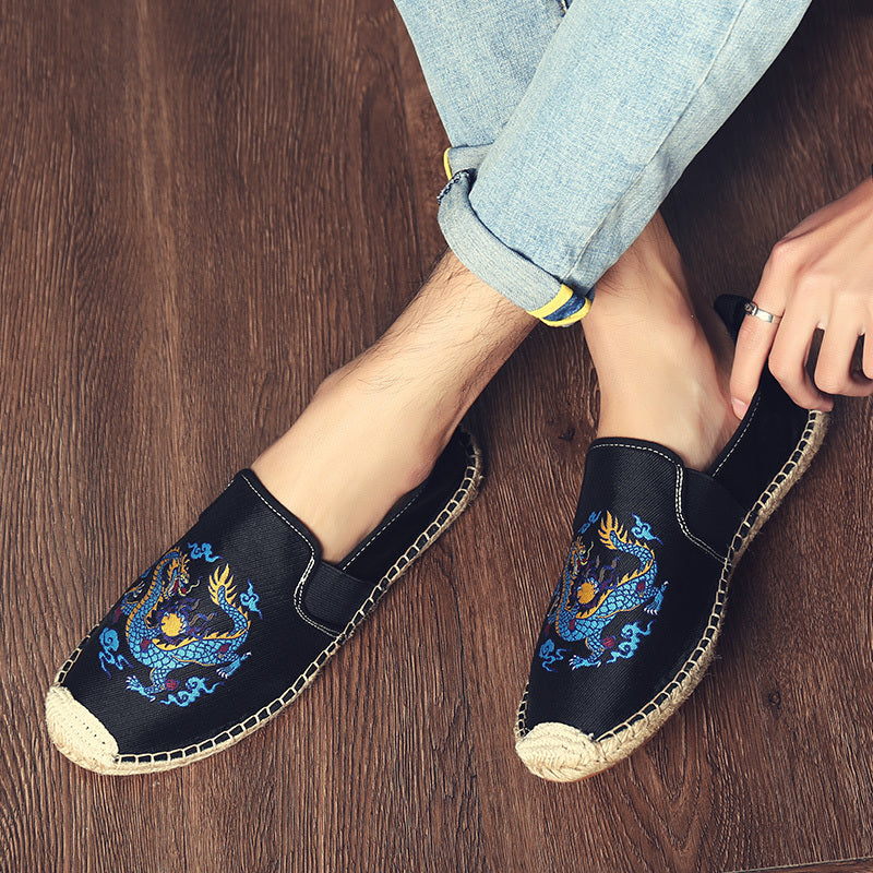 Men's Breathable Canvas Flats with Chinese Dragon Totem Elements