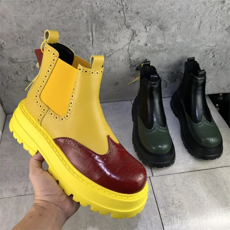 Stylish Colorful Patchwork Split Leather Ankle Chelsea Boots