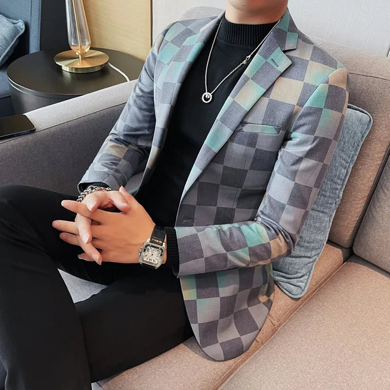 Stylish Classic Checked Single-Breasted Cotton-Polyester Blazer
