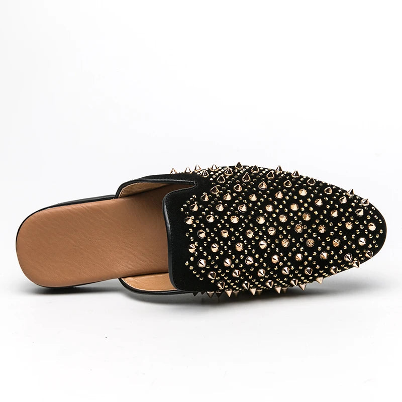 Stylish Black Mules Shoes with Rivet Rhinestone Decorations