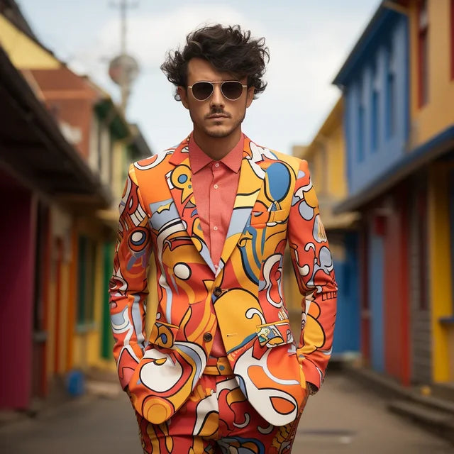 Stylish Polyester Color Block Lapel Digital Printed Men's Suit for Various Occasions