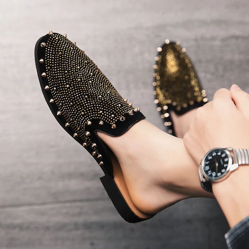 Stylish Black Mules Shoes with Rivet Rhinestone Decorations