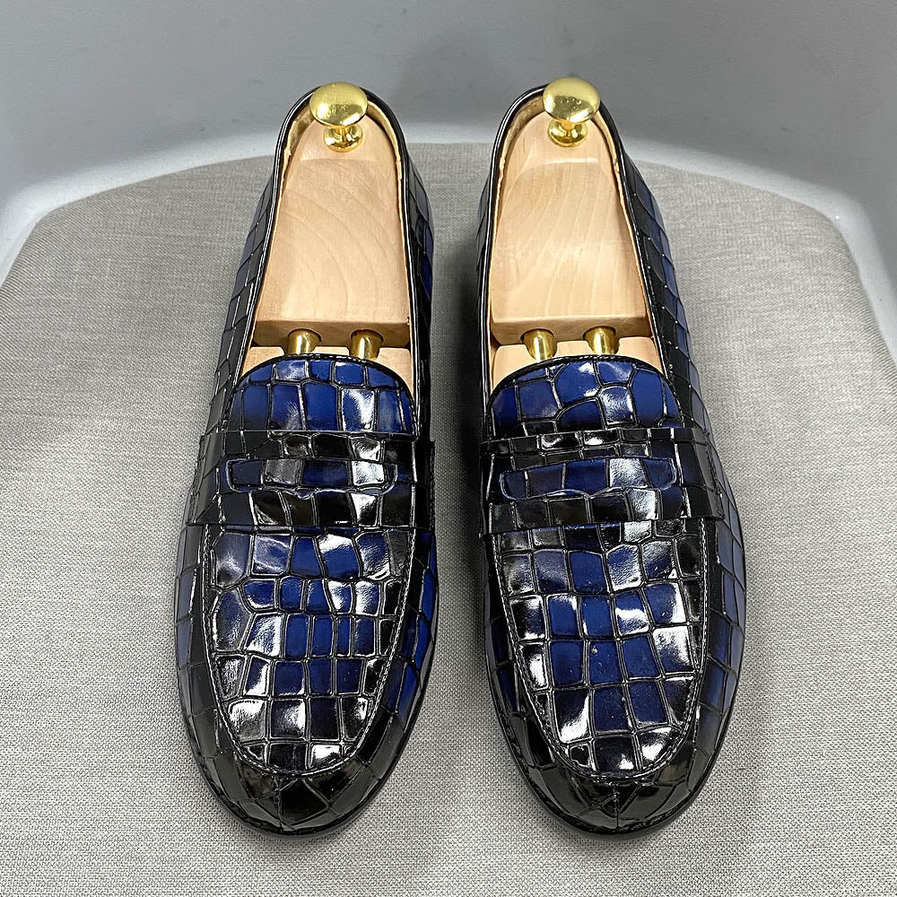 Men's Classic Slip-On Genuine Cow Leather Loafers with Alligator Print