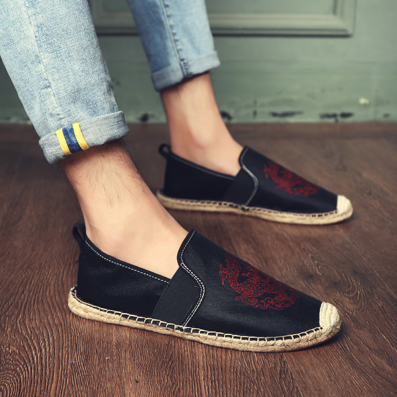 Men's Breathable Canvas Flats with Chinese Dragon Totem Elements