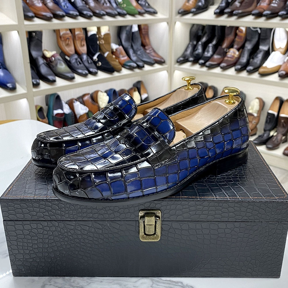 Men's Classic Slip-On Genuine Cow Leather Loafers with Alligator Print