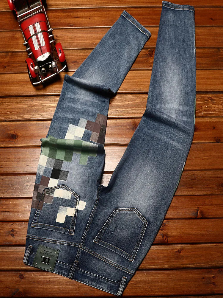 Stylish Contrast Mosaic-Printed Full-Length Slim Jeans