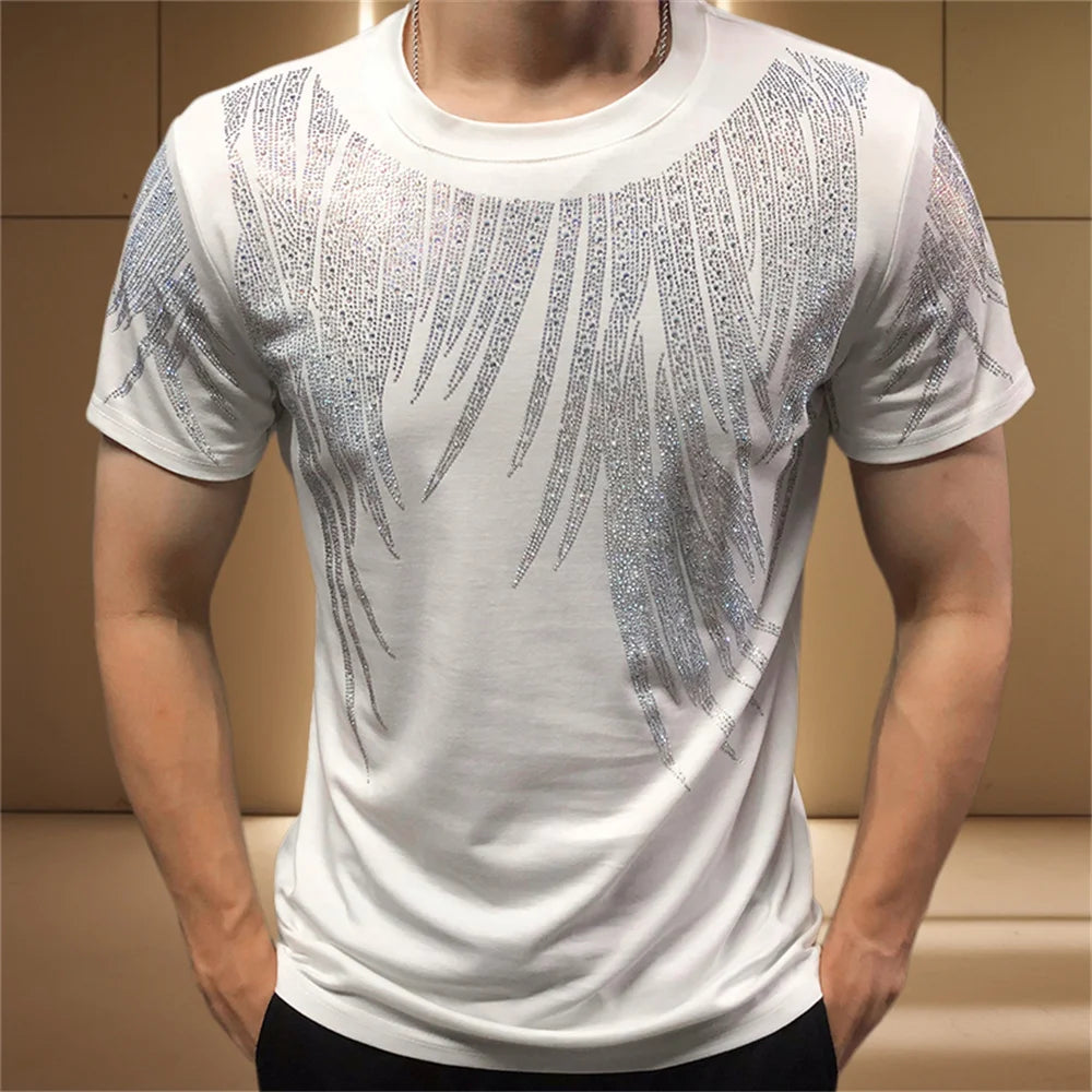 Stylish Polyester T-Shirt with Rhinestone Decoration around the Neck