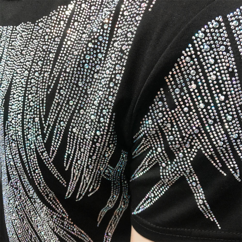 Stylish Polyester T-Shirt with Rhinestone Decoration around the Neck