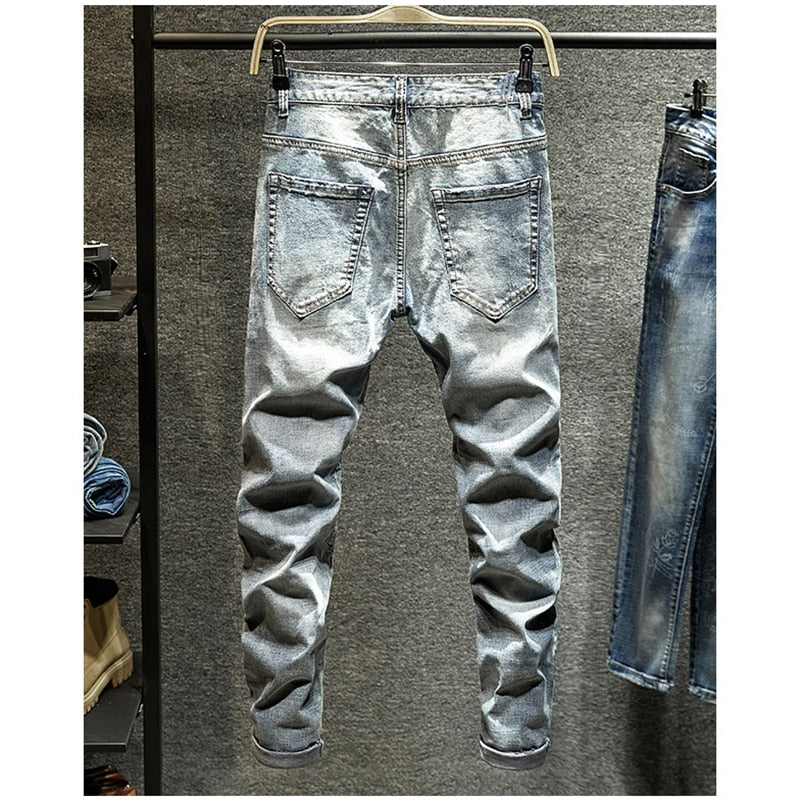 Men's Slim Fit Checkerboard Rose Printed Washed Full-Length Jeans