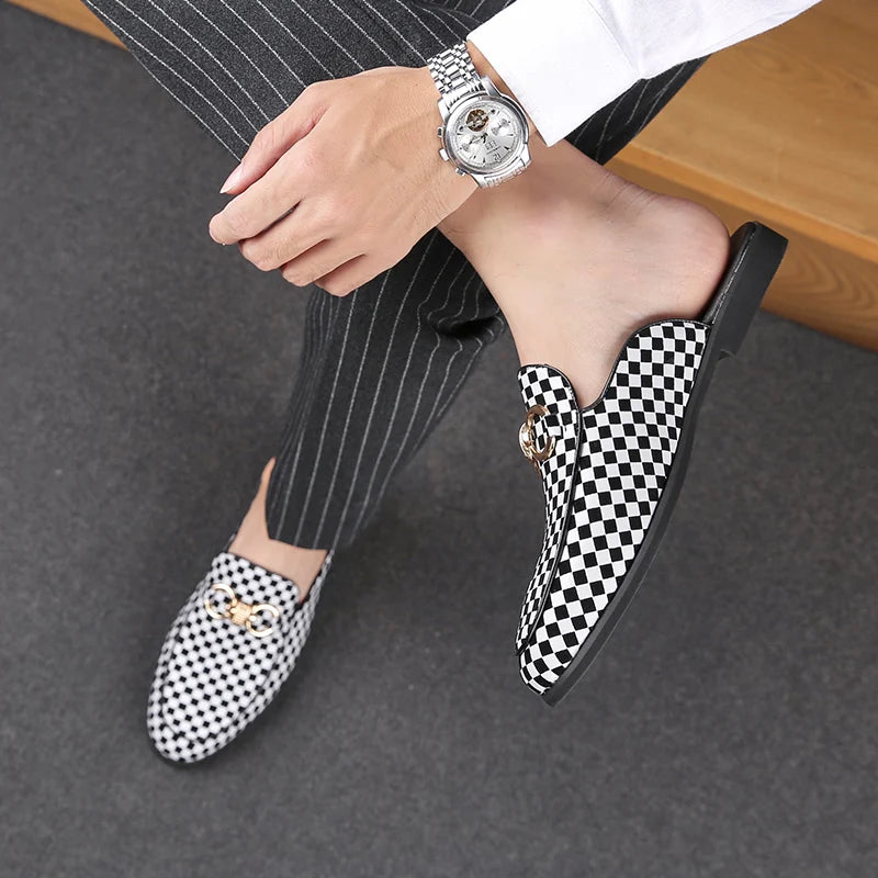 Fashionable Checkered Pattern Decorative Appliques Slip-On Mules Shoes for Stylish Comfort