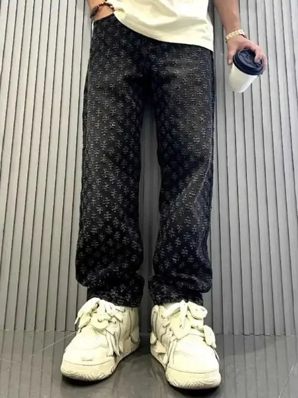 Stylish Retro Jacquard Patterned Streetwear Comfort Jeans