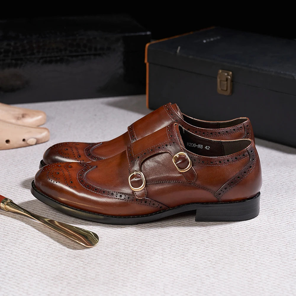 Timeless Double Buckle Genuine Leather Men's Monk Shoes for a Sophisticated Look