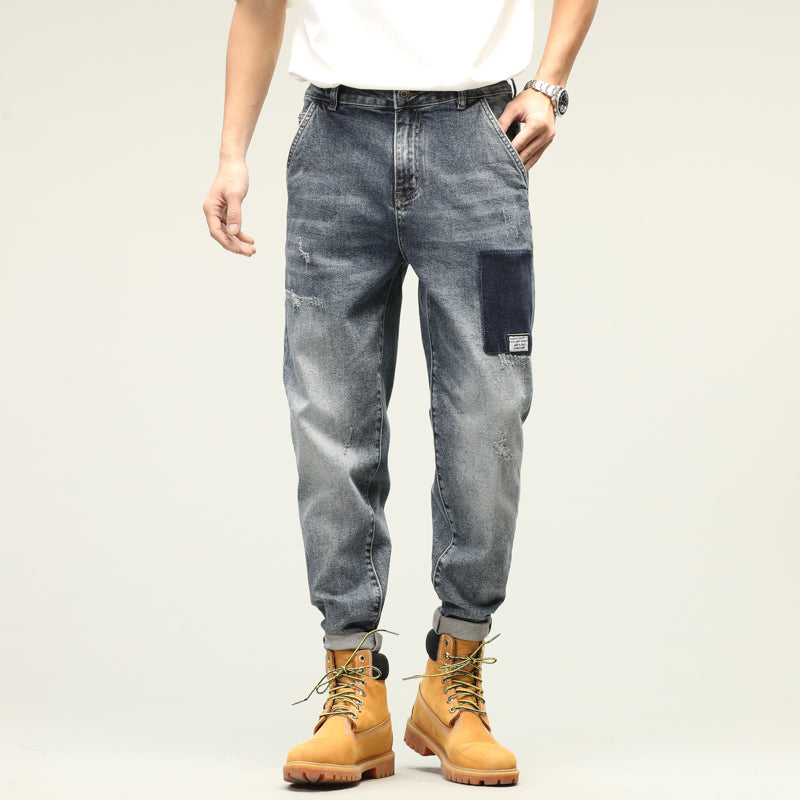Fashionable Contrast Patchwork Distressed Loose-Fit Denim Jeans for Trendy Comfort