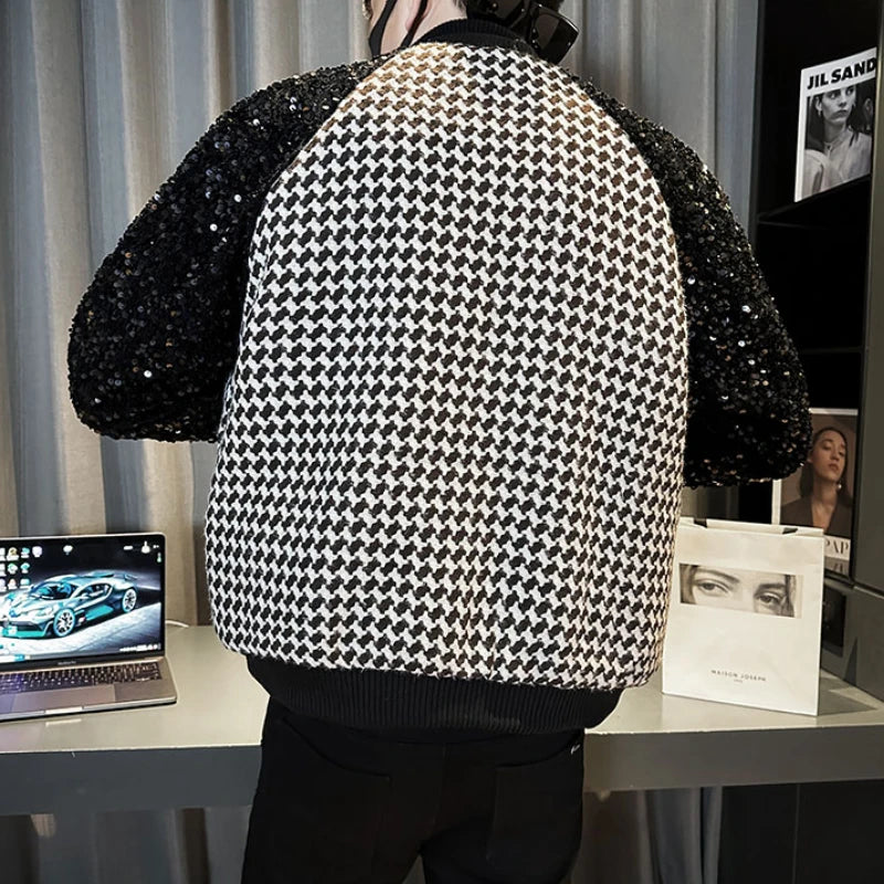 Stylish Contrast Sequin Patchwork Polyester Bomber Jacket