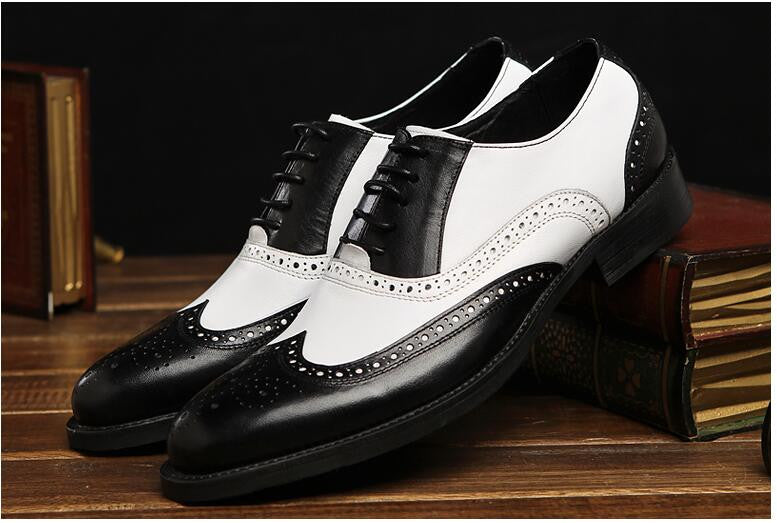 Classic Men's Oxford Style Black and White Brogue Dress Shoes for Formal and Business Occasions