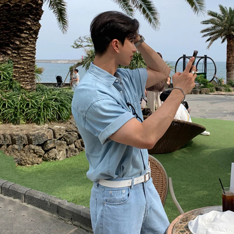 Comfortable Soft Cotton Short Sleeve Casual Denim Style Shirt
