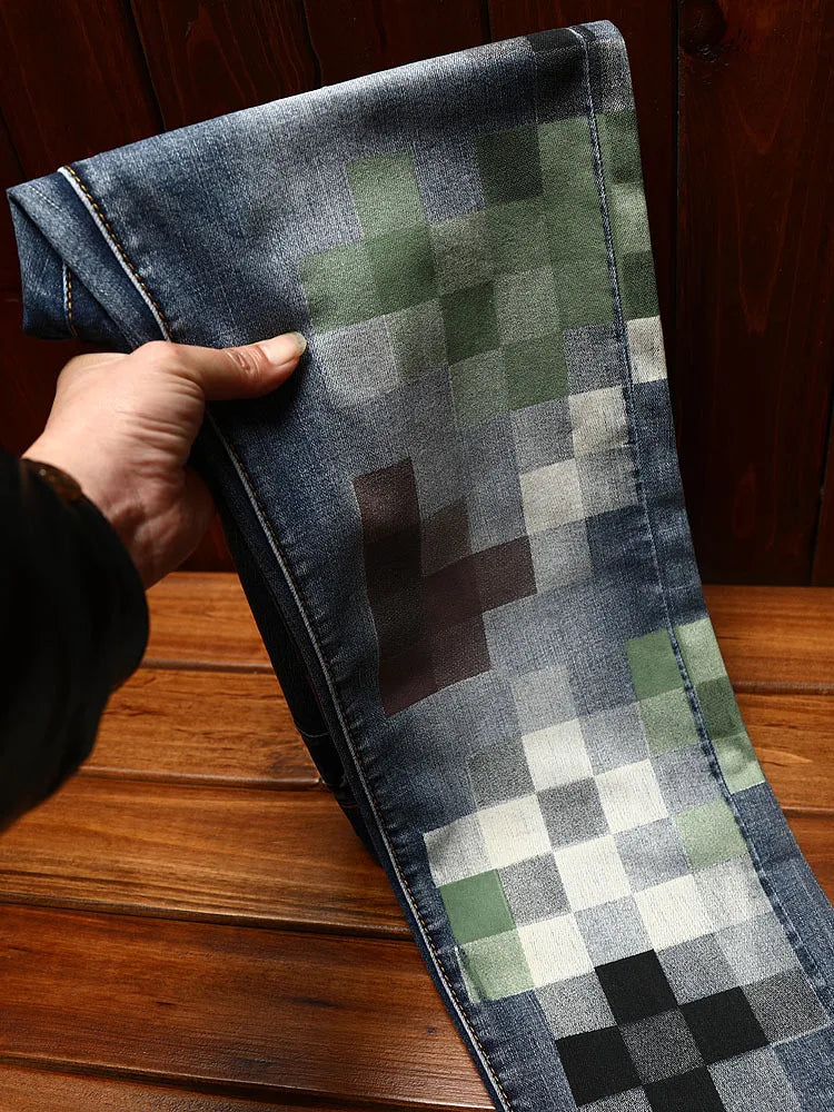 Stylish Contrast Mosaic-Printed Full-Length Slim Jeans