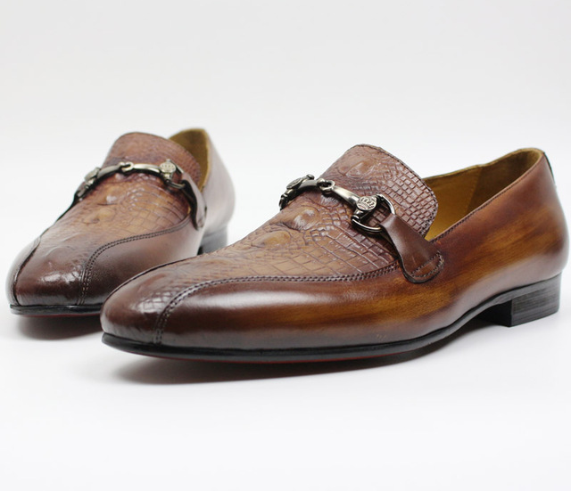 Men's Brown and Black Genuine Leather Chain Strap Slip-On Casual Loafers Shoes for Spring and Autumn