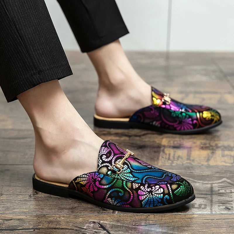 Stylish Colorful Geometric Pattern PU Leather Women's Slip-On Mules Shoes for Fashion Lovers