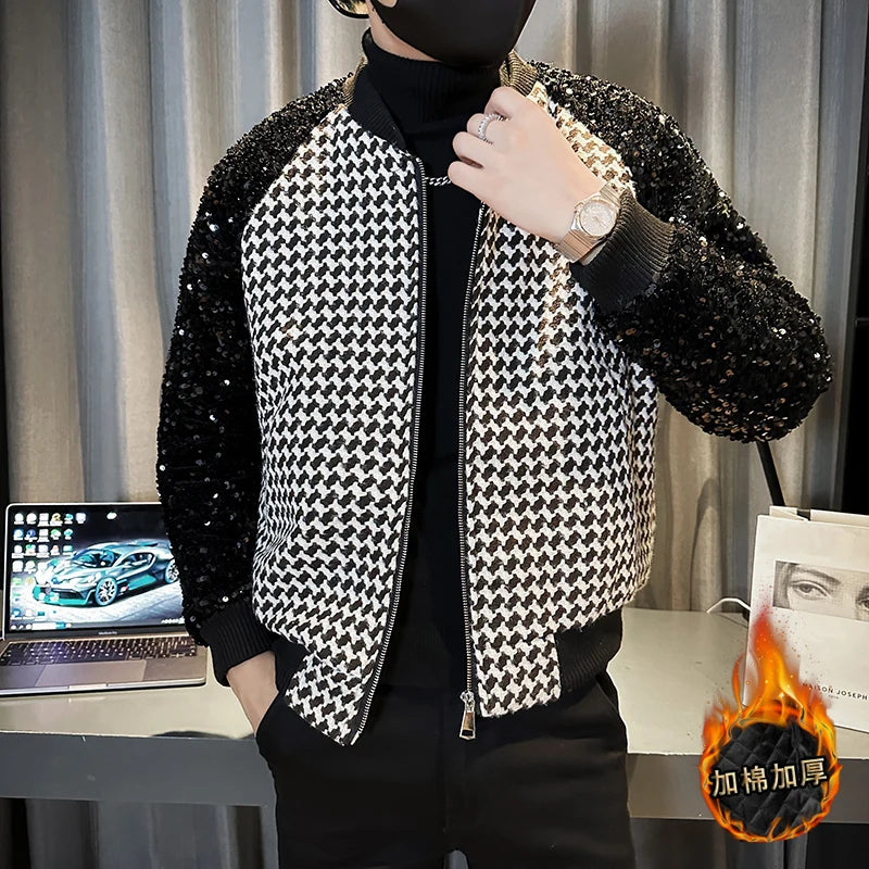 Stylish Contrast Sequin Patchwork Polyester Bomber Jacket