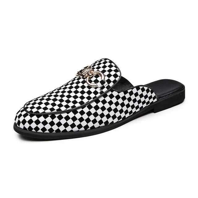 Fashionable Checkered Pattern Decorative Appliques Slip-On Mules Shoes for Stylish Comfort