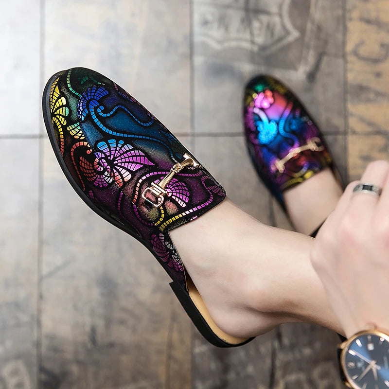 Stylish Colorful Geometric Pattern PU Leather Women's Slip-On Mules Shoes for Fashion Lovers