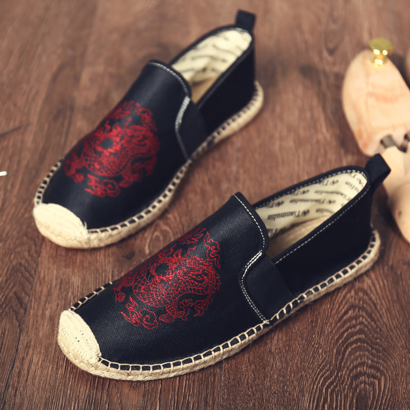 Men's Breathable Canvas Flats with Chinese Dragon Totem Elements