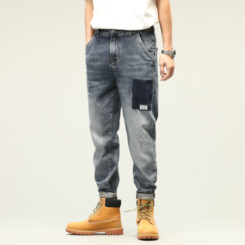 Fashionable Contrast Patchwork Distressed Loose-Fit Denim Jeans for Trendy Comfort