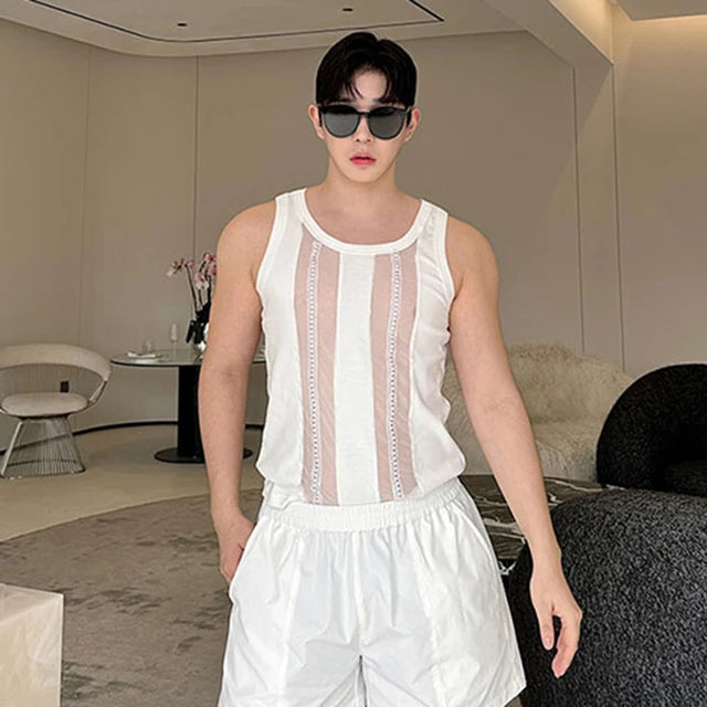 Stylish See-Through Spliced Polyester Women's Casual Tank Top for All Occasions