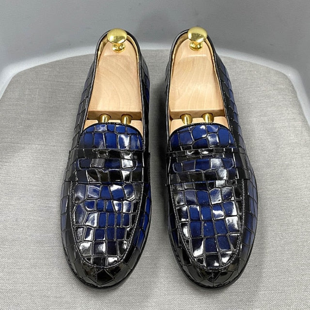 Men's Classic Slip-On Genuine Cow Leather Loafers with Alligator Print